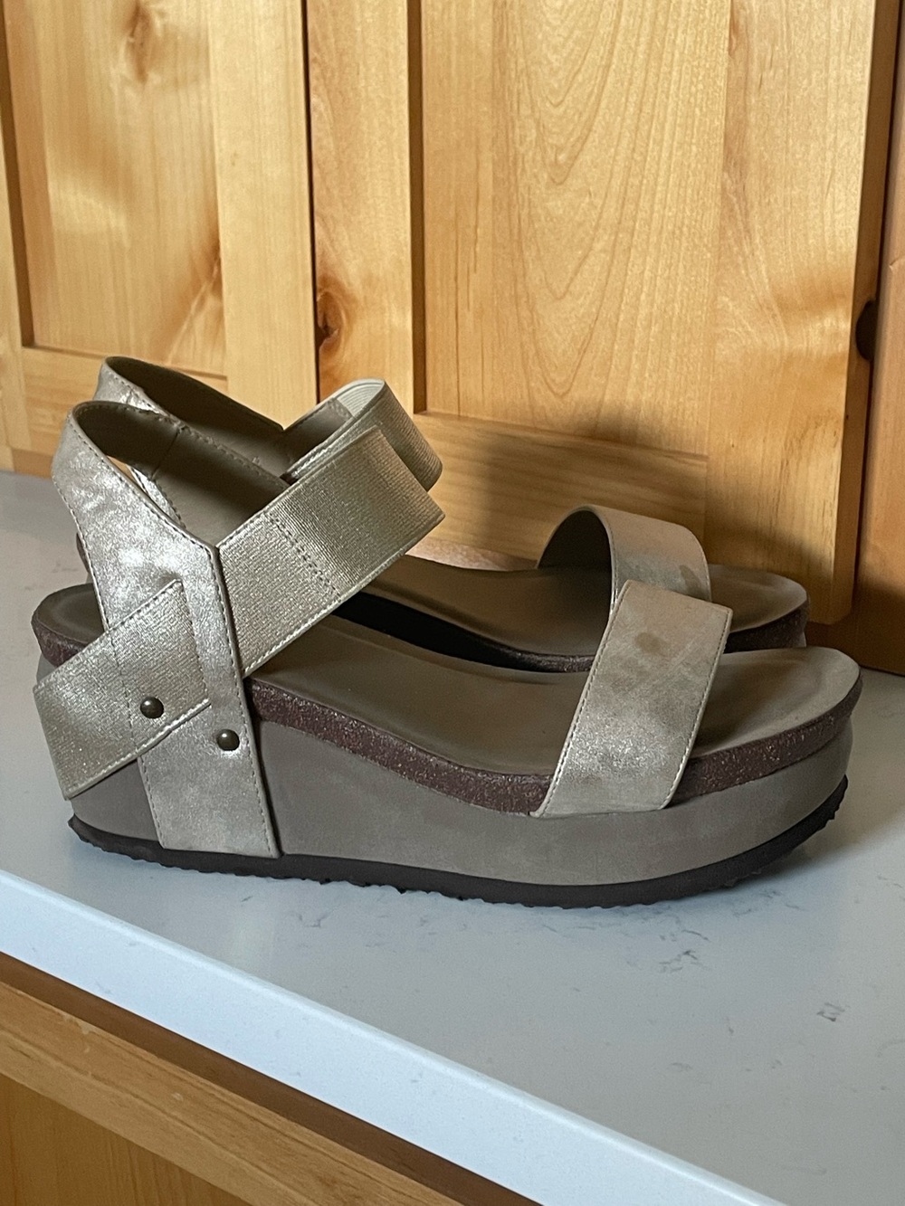 Metallic Taupe Platform Sandal - Women's Comfortable Strappy Wedge